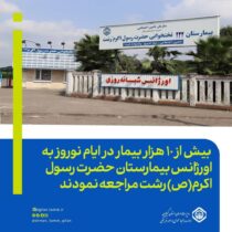 سرپرست بیمارستان حضرت رسول اکرم (ص) رشت:.  مراجعه بیش از ١٠ هزار بیمار در ایام نوروز به اورژانس بیمارستان حضرت رسول اکرم(ص) رشت