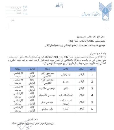 رئیس دانشگاه آزاد اسلامی استنان گیلان خبر داد: افزایش ۶  رشته کارشناسی پیوسته به رشته های دانشگاه آزاد اسلامی گیلان