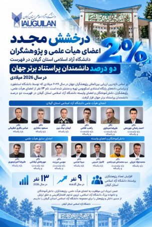 پژوهشگر و عضو هیأت علمی مرتبط با دانشگاه آزاد اسلامی استان گیلان در فهرست دو درصد پژوهشگران پراستناد برتر جهان در سال ۲۰۲۶ قرار گرفتند.  درخشش اعضای هیأت علمی و پژوهشگران دانشگاه آزاد اسلامی استان گیلان در فهرست دو درصد تحقیقات پراستناد برتر جهان در سال ۲۰۲۶